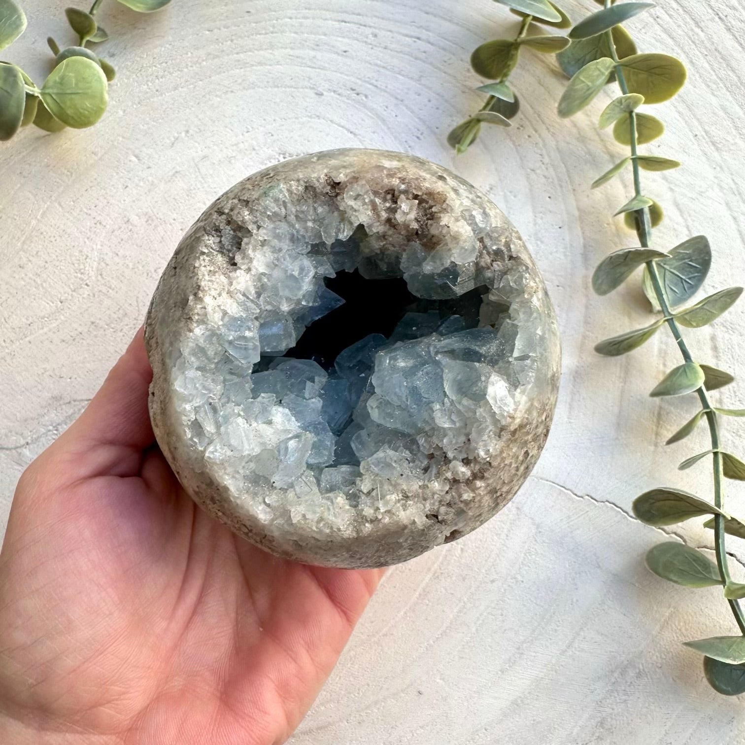 Natural blue celestite crystal sphere specimen