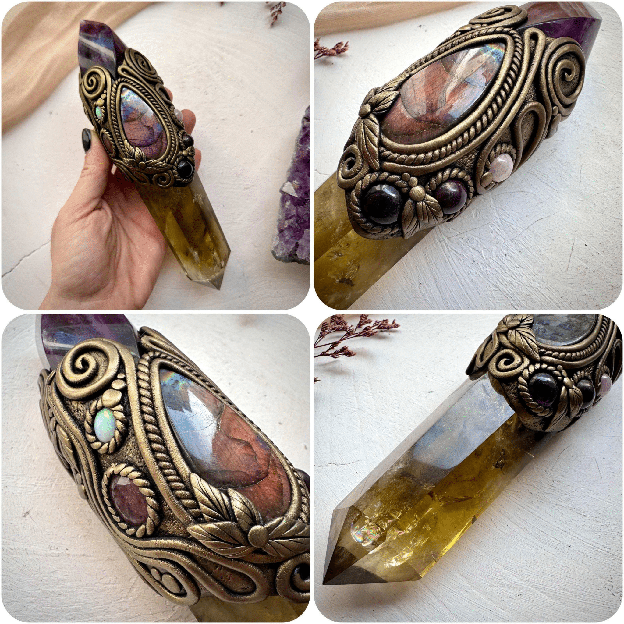 Large Citrine Point with Purple Fluorite Flame Labradorite Amethyst Ruby Morganite Strawberry Quartz and Australian Opal Wand - FairyGardenGlow