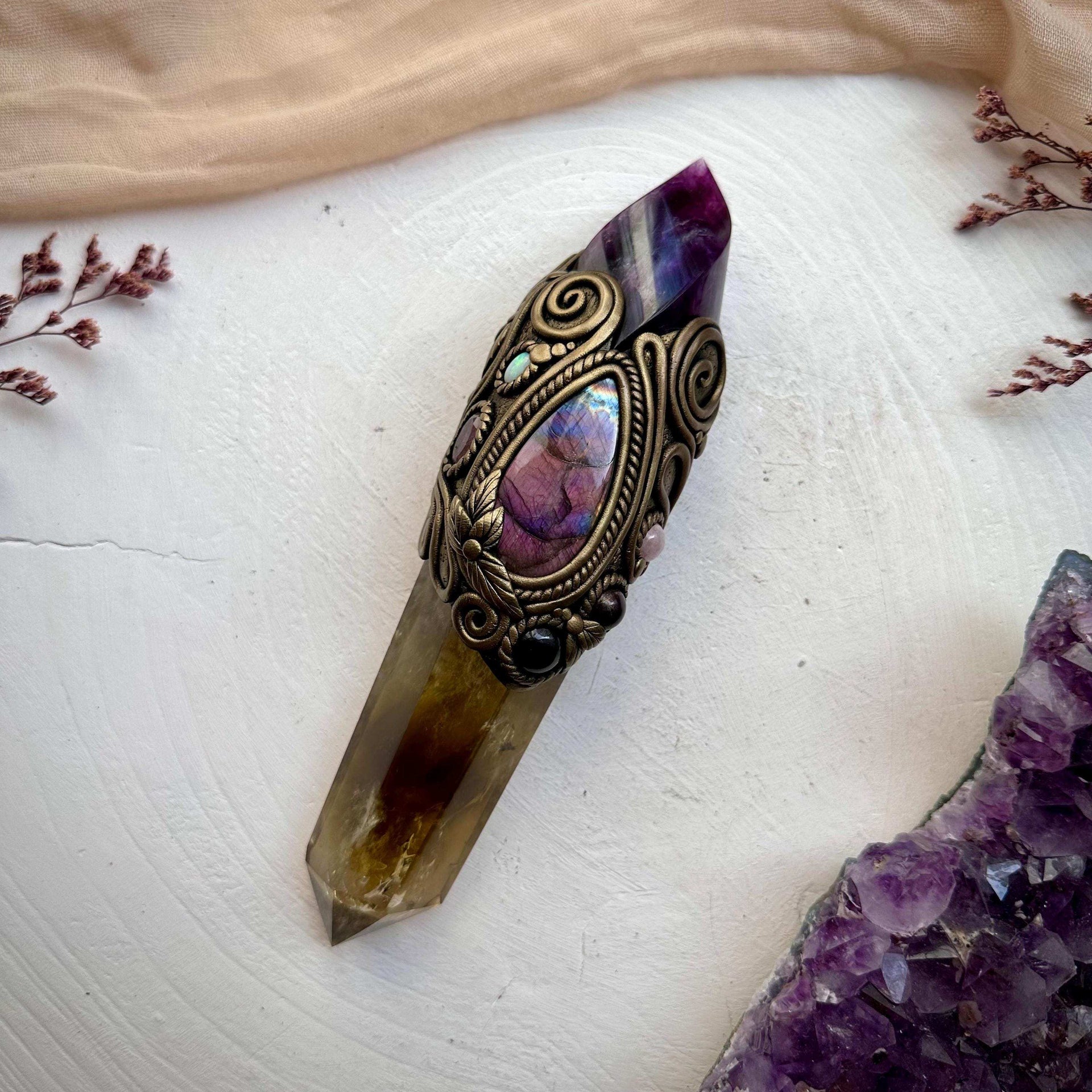 Large Citrine Point with Purple Fluorite Flame Labradorite Amethyst Ruby Morganite Strawberry Quartz and Australian Opal Wand - FairyGardenGlow