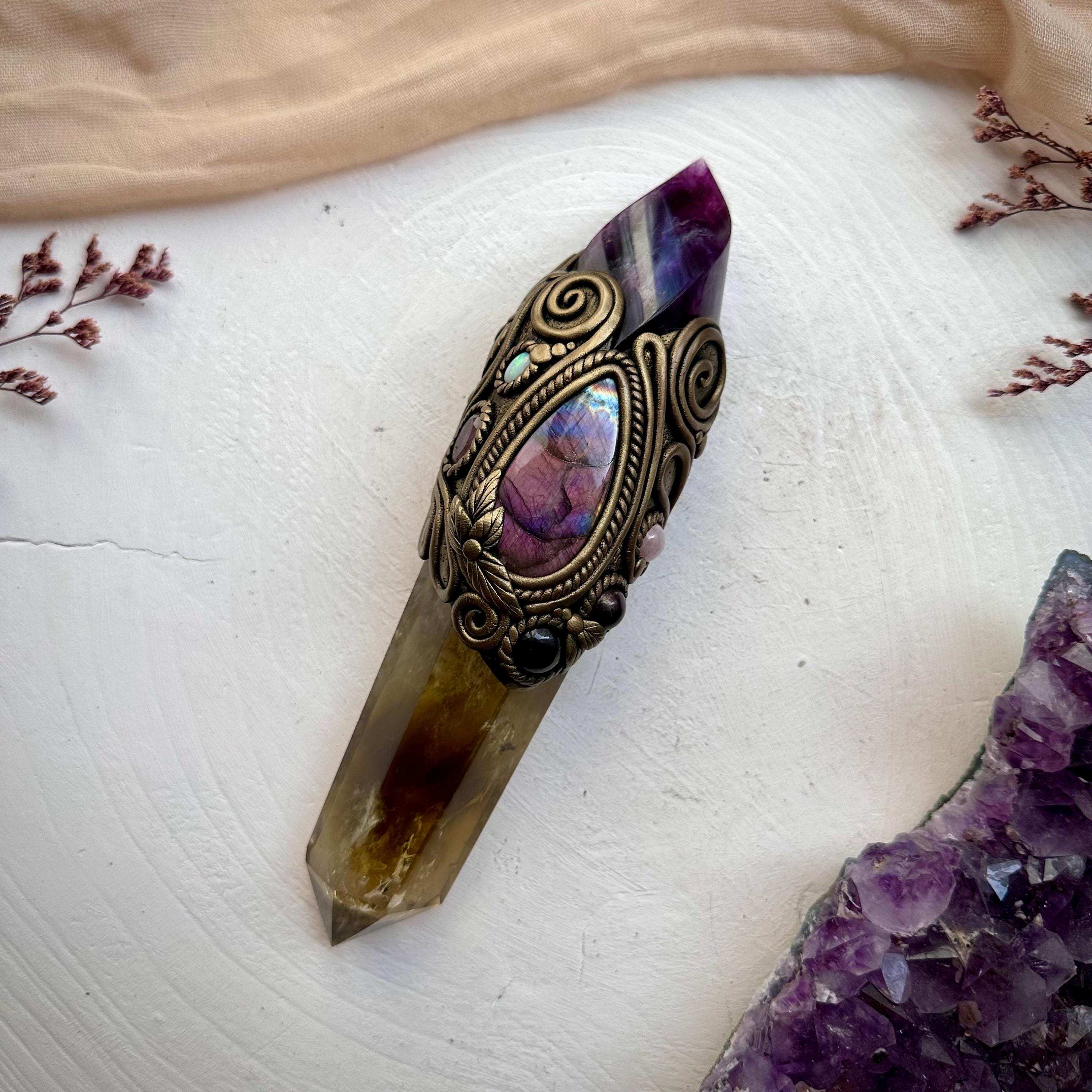 Large Citrine Point with Purple Fluorite Flame Labradorite Amethyst Ruby Morganite Strawberry Quartz and Australian Opal Wand - FairyGardenGlow