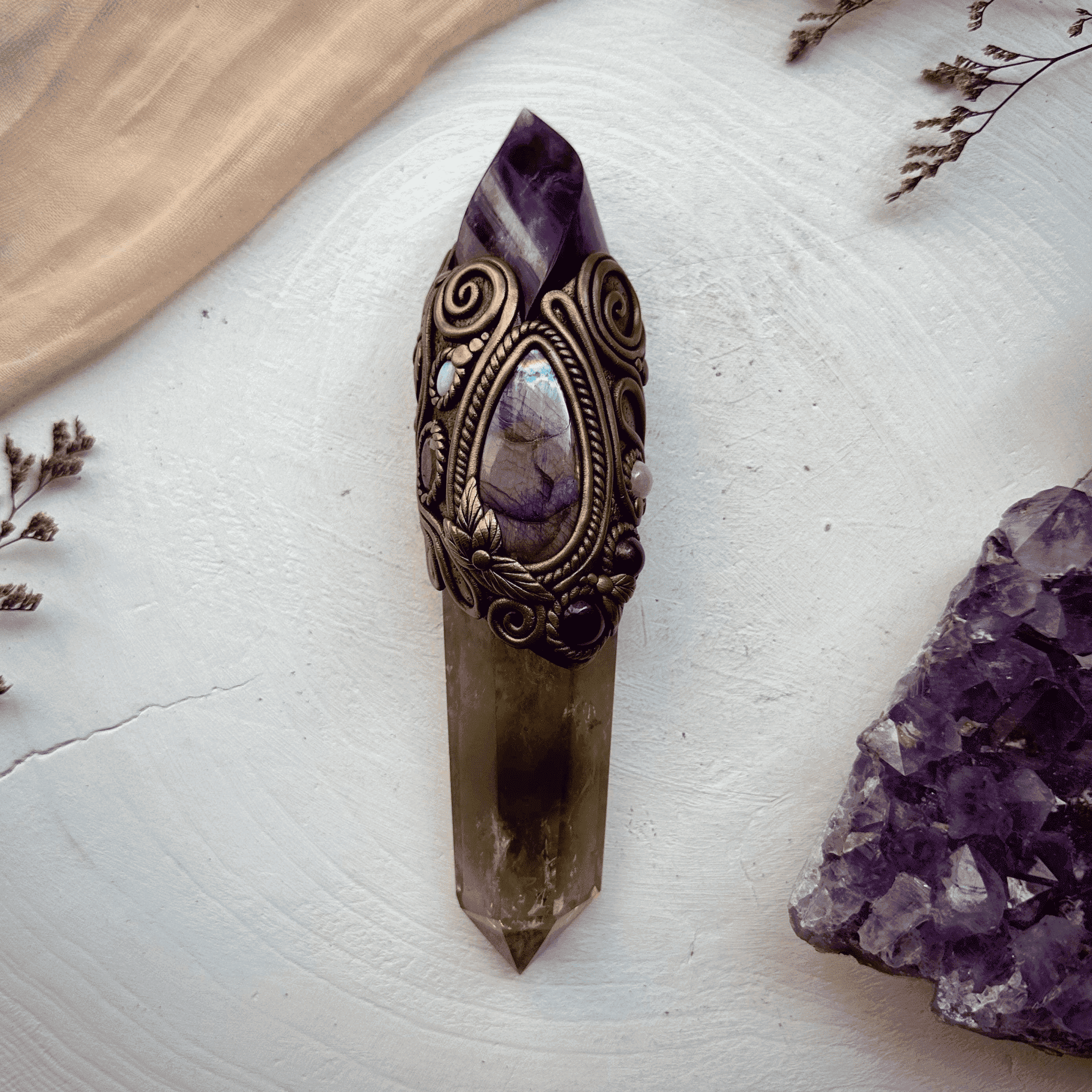 Large Citrine Point with Purple Fluorite Flame Labradorite Amethyst Ruby Morganite Strawberry Quartz and Australian Opal Wand - FairyGardenGlow