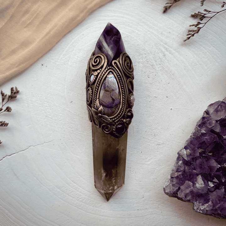 Large Citrine Point with Purple Fluorite Flame Labradorite Amethyst Ruby Morganite Strawberry Quartz and Australian Opal Wand - FairyGardenGlow