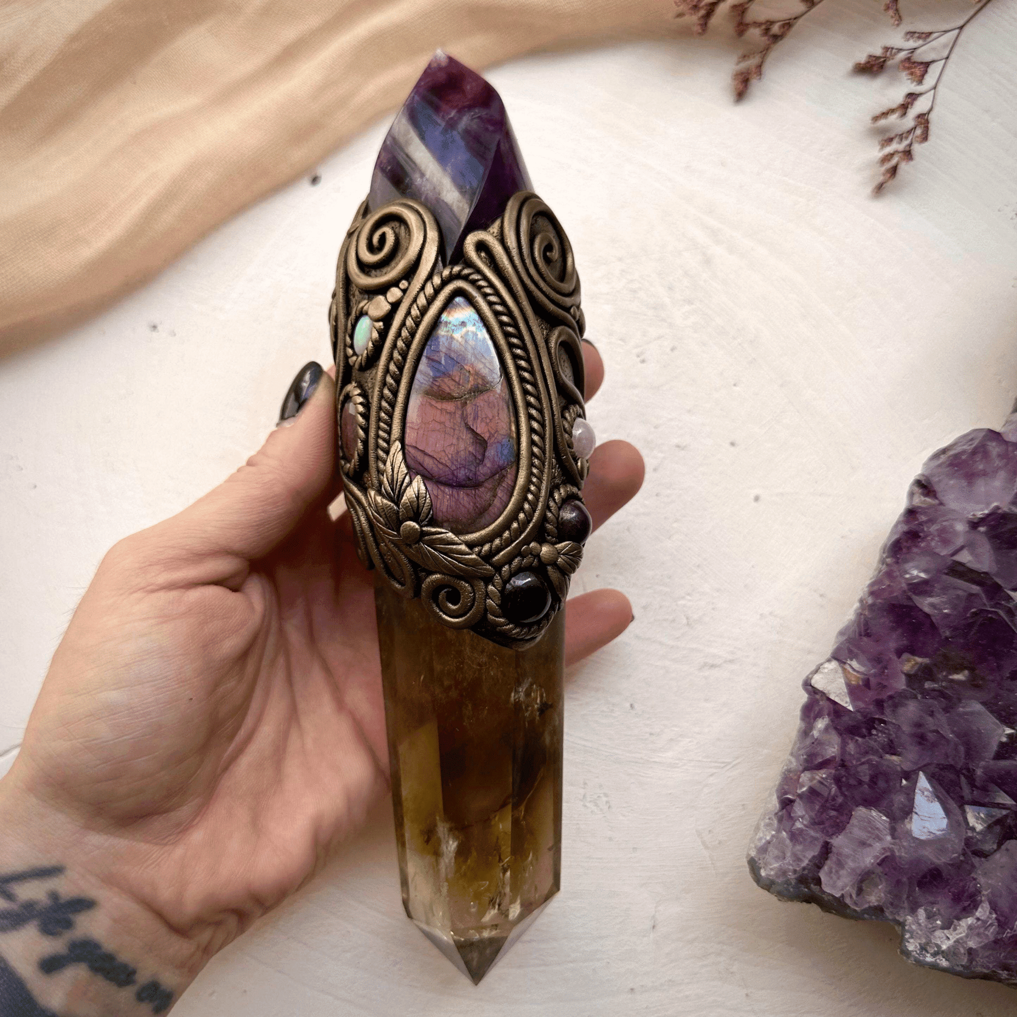 Large Citrine Point with Purple Fluorite Flame Labradorite Amethyst Ruby Morganite Strawberry Quartz and Australian Opal Wand - FairyGardenGlow