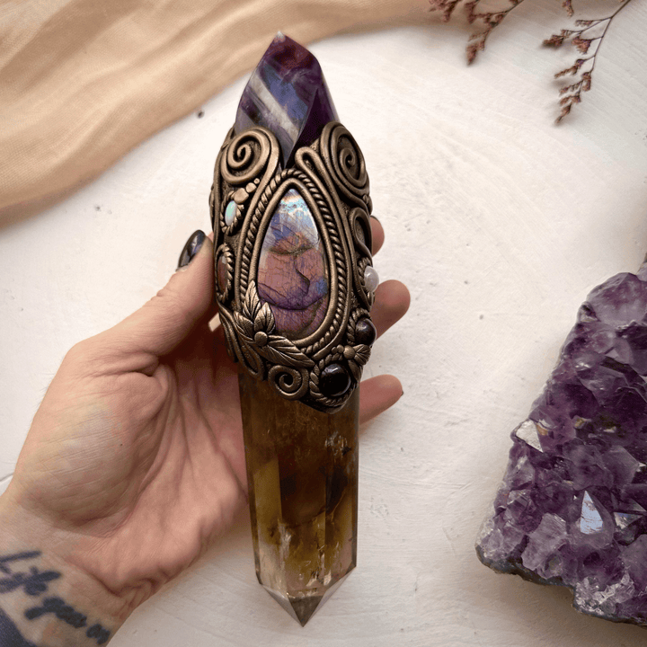 Large Citrine Point with Purple Fluorite Flame Labradorite Amethyst Ruby Morganite Strawberry Quartz and Australian Opal Wand - FairyGardenGlow