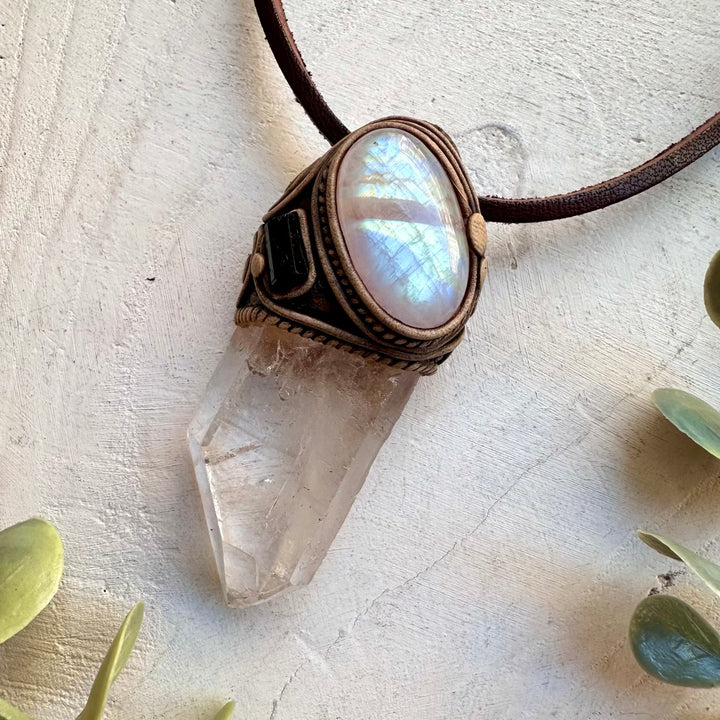 Large clear quartz point with rainbow moonstone and black tourmaline necklace