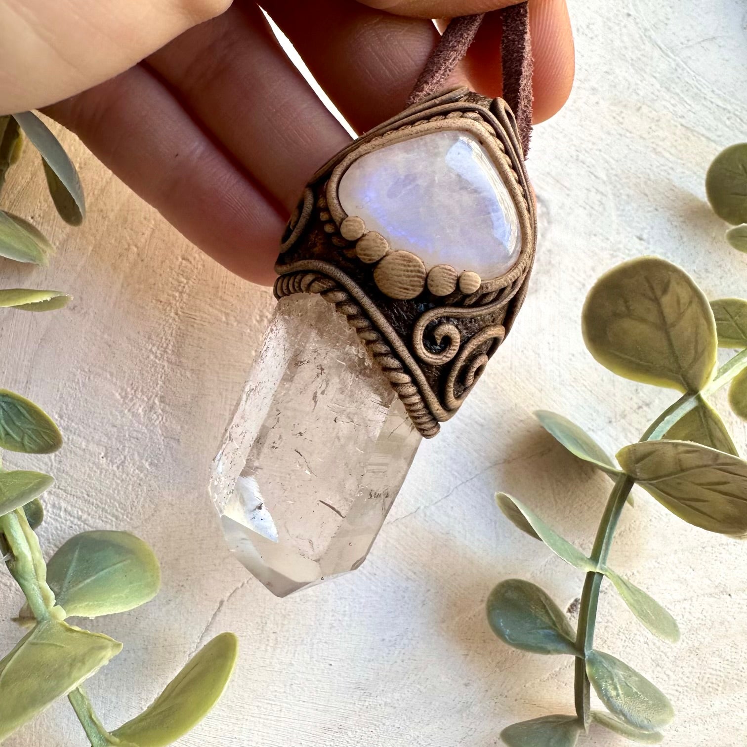 Large clear quartz point and moonstone necklace