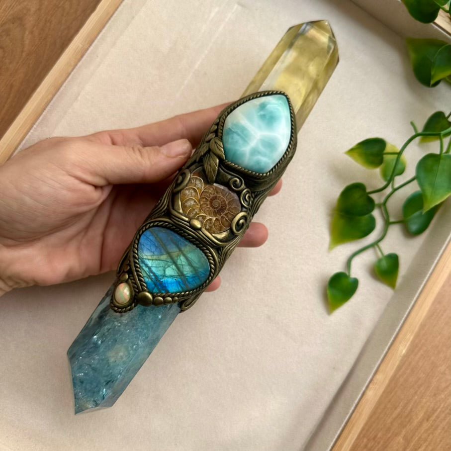 Large Crystal Wand with Aqua Aura Quartz, Polished Citrine Point, Larimar, Ammonite, Labradorite and Ethiopian Opal - FairyGardenGlow