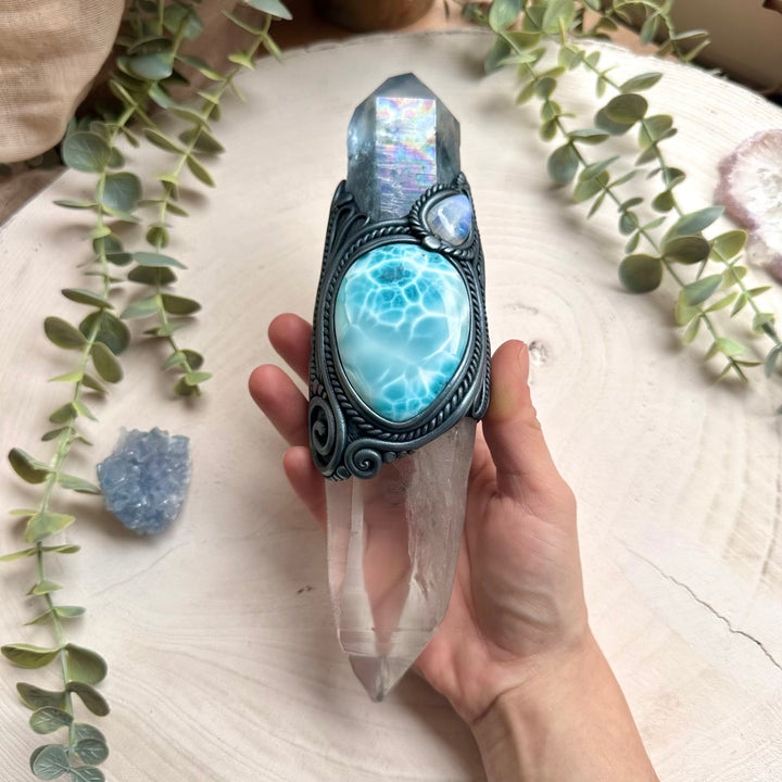 Large crystal wand with lemurian seed quartz aqua aura quartz larimar and rainbow moonstone