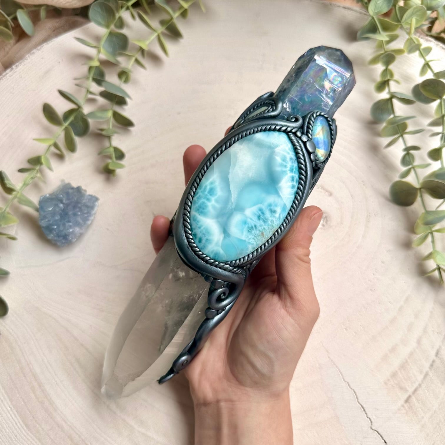 Large crystal wand with lemurian seed quartz aqua aura quartz australian opal larimar and rainbow moonstone
