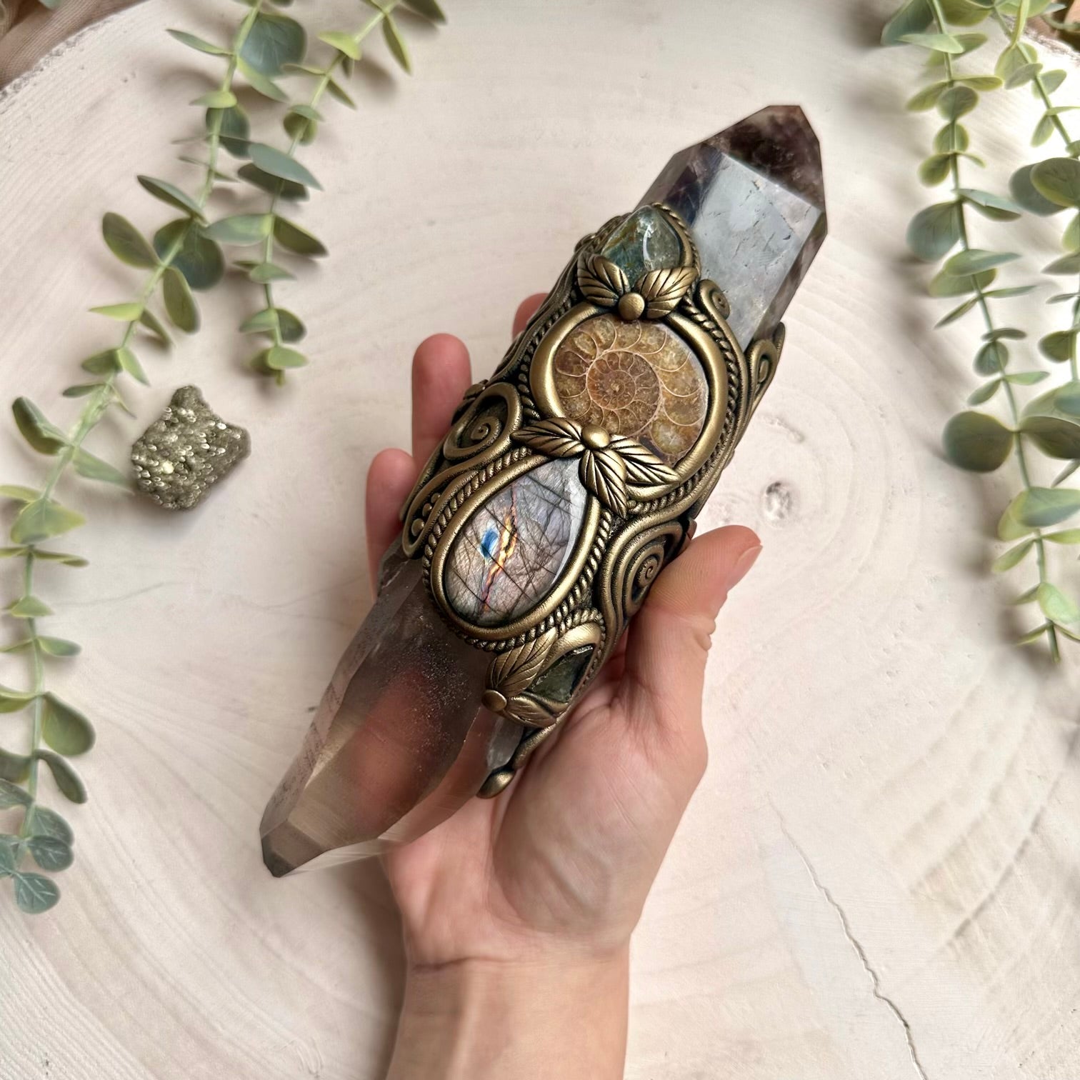 Large crystal wand with lemurian seed quartz super seven ammonite labradorite blue topaz and raw moldavite