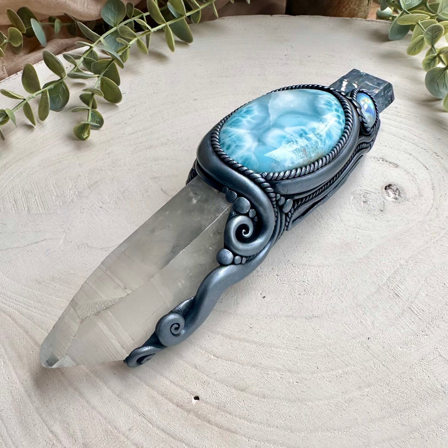 Natural gemstone wand with large lemurian seed quartz larimar and aura quartz