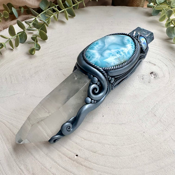 Natural gemstone wand with large lemurian seed quartz larimar and aura quartz