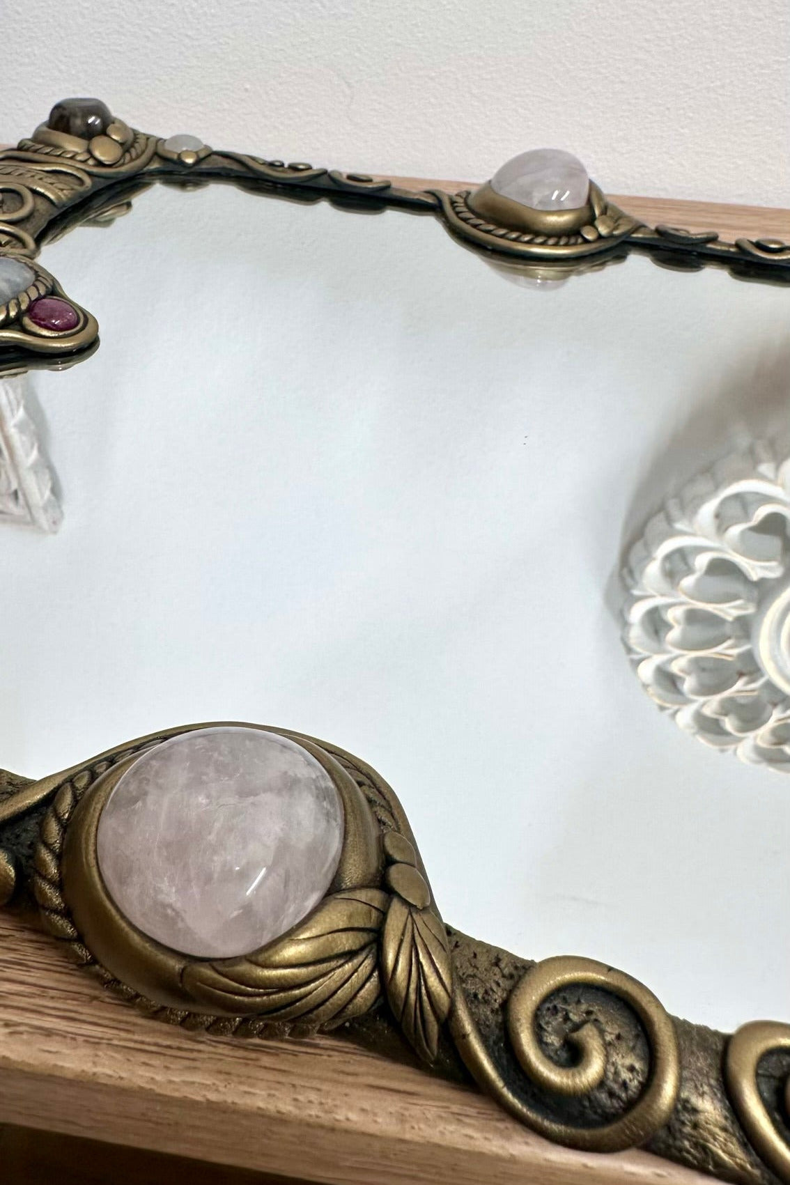 Large Amethyst and Labradorite crystal mirror with Rose Quartz, Clear Quartz and Rainbow Moonstone wall art.