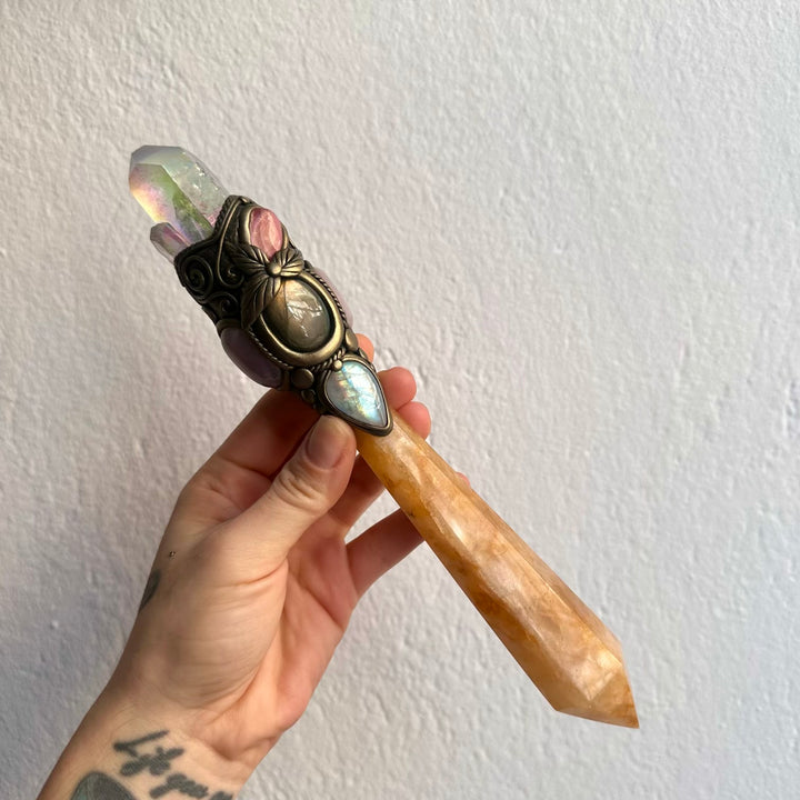 Handmade high vibrational crystal wand with golden healer