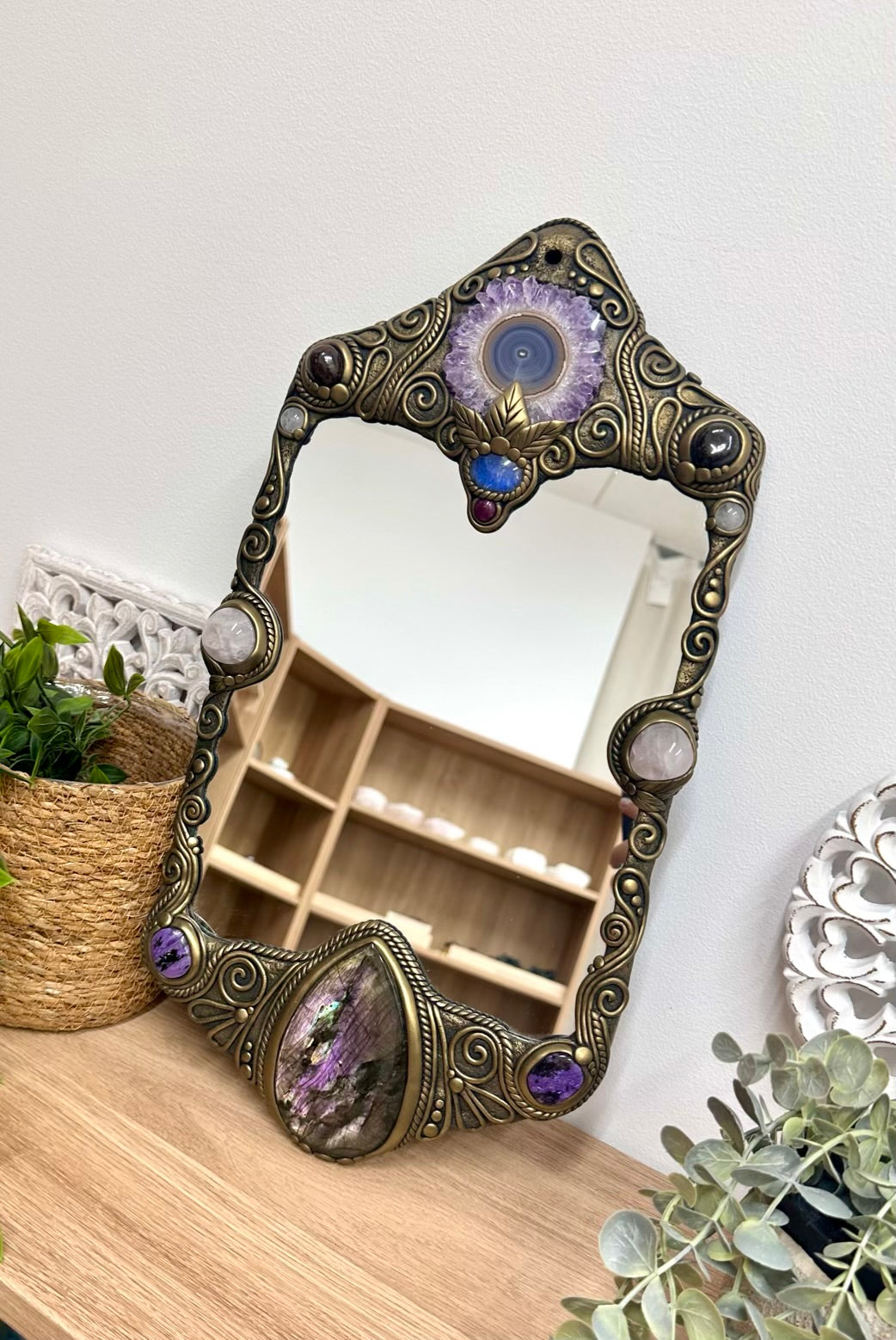 Unique healing crystal mirror with Amethyst, Labradorite and Clear Quartz for spiritual home decor and altar decor.