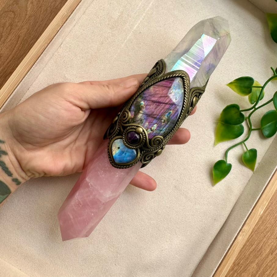 Large Healing Crystal Wand with Angel Aura Lemurian Quartz, Rose Quartz, Purple Labradorite, Rainbow Moonstone and Amethyst - FairyGardenGlow