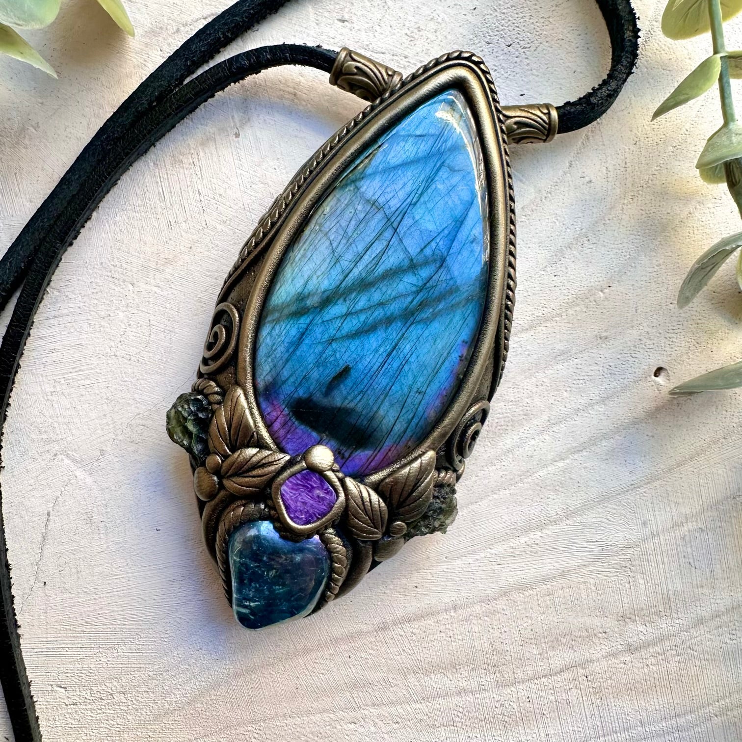 Large labradorite with aqua aura quartz moldavite and charoite pendant necklace