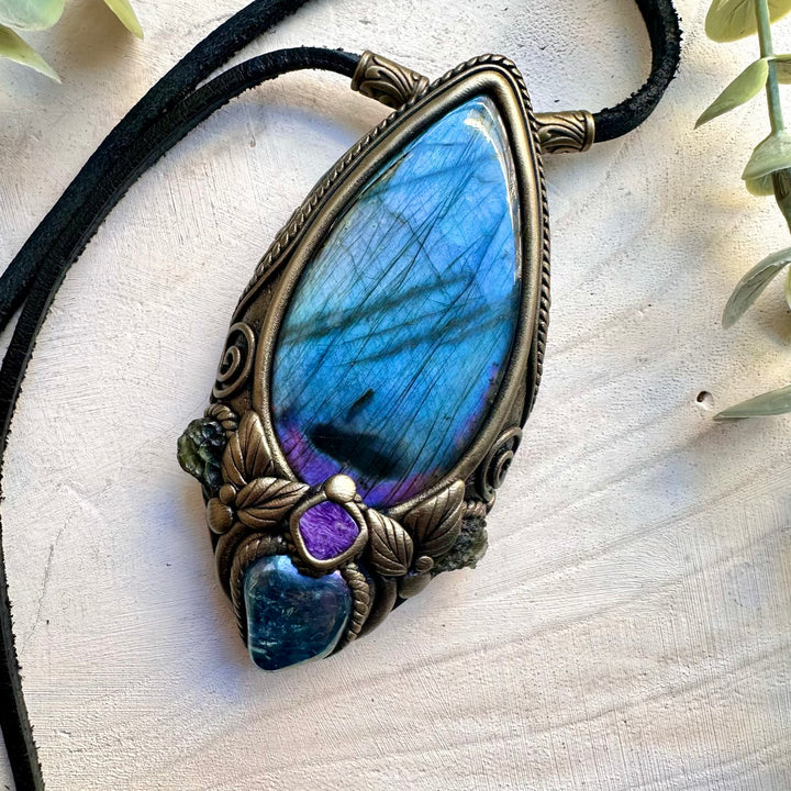 Large labradorite with aqua aura quartz moldavite and charoite pendant necklace