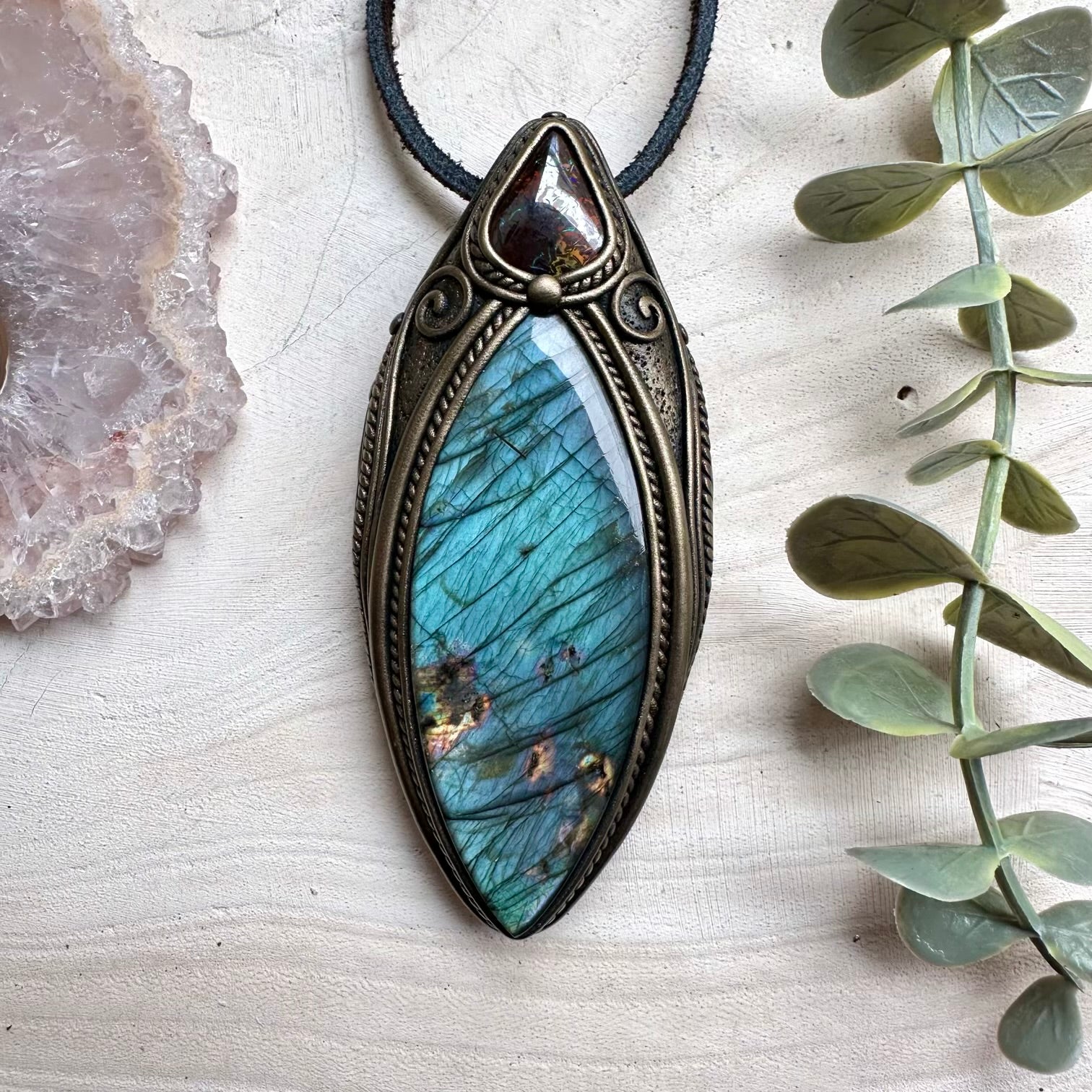 Large labradorite and boulder opal pendant necklace