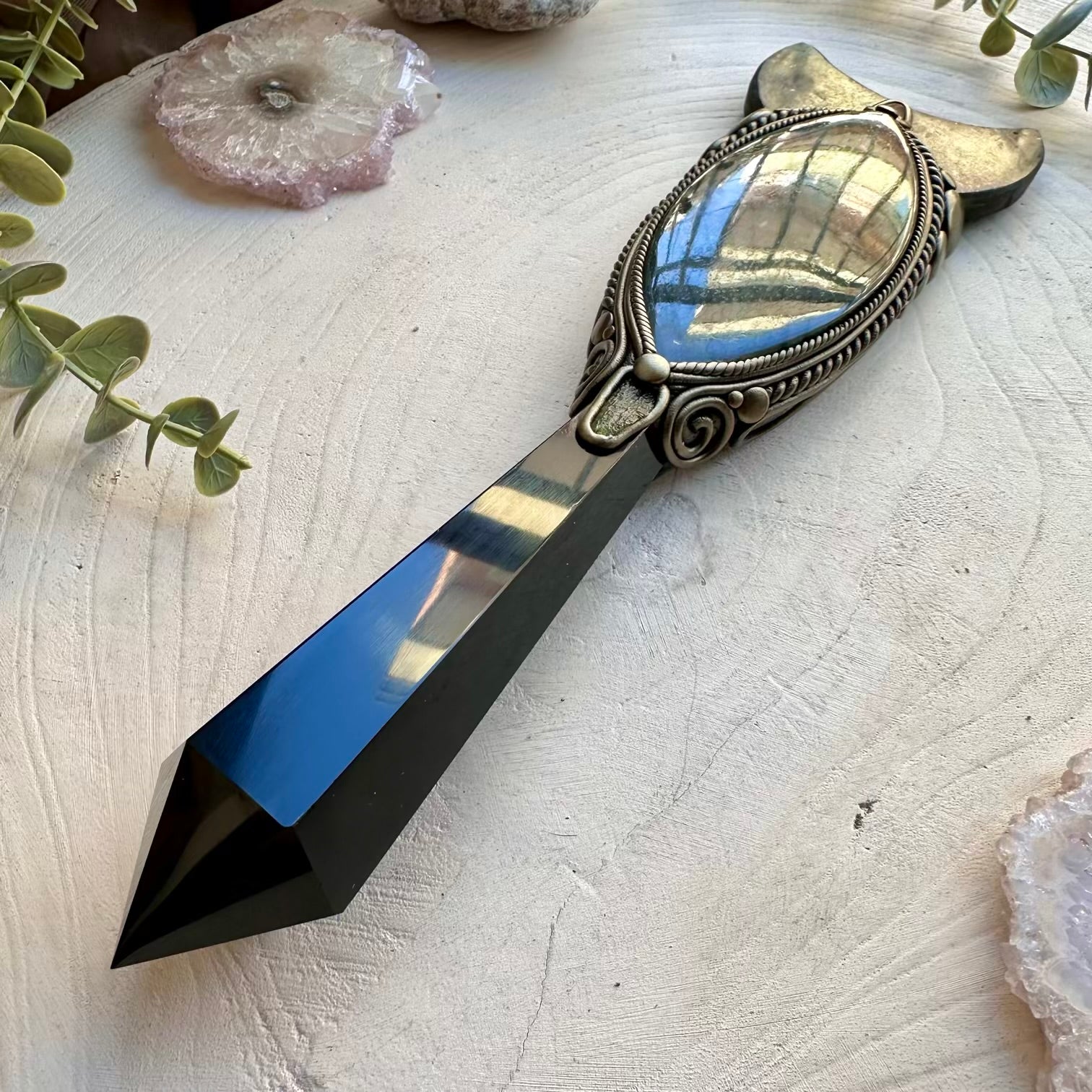 Handmade ritual wand with astrophyllite moon and opal