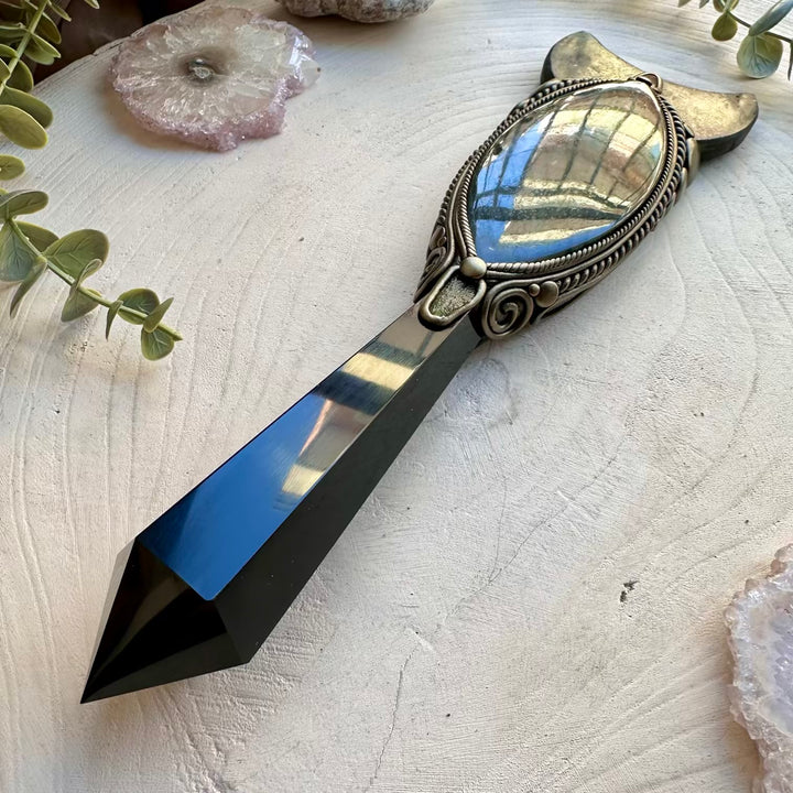 Handmade ritual wand with astrophyllite moon and opal