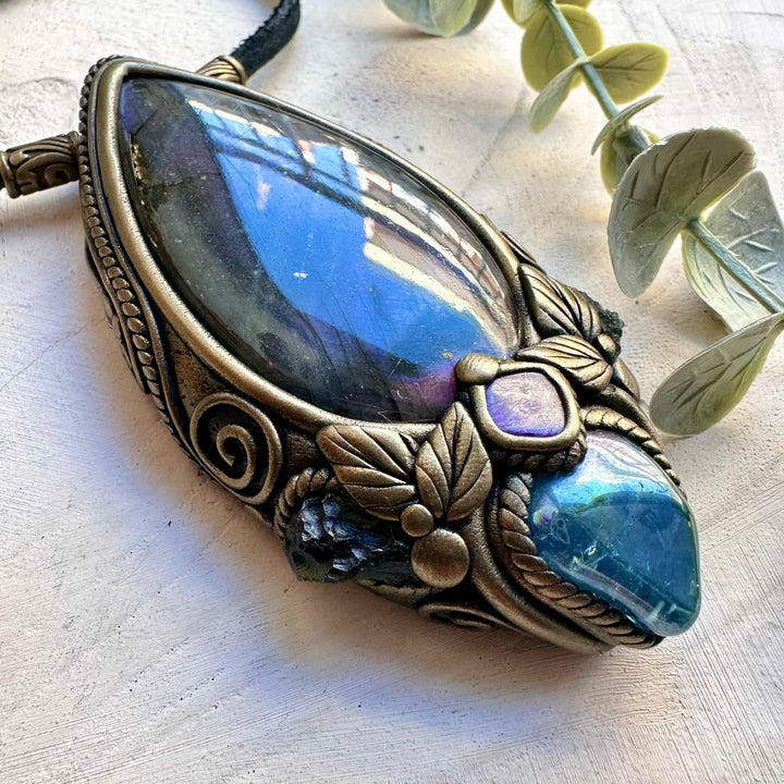 One of a kind labradorite moldavite and charoite necklace