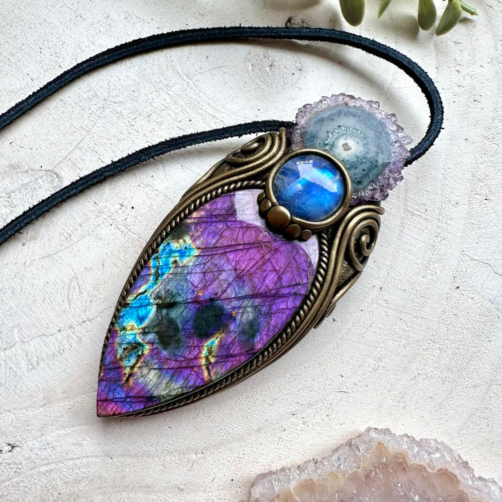 One of a kind labradorite moonstone and amethyst gemstone necklace