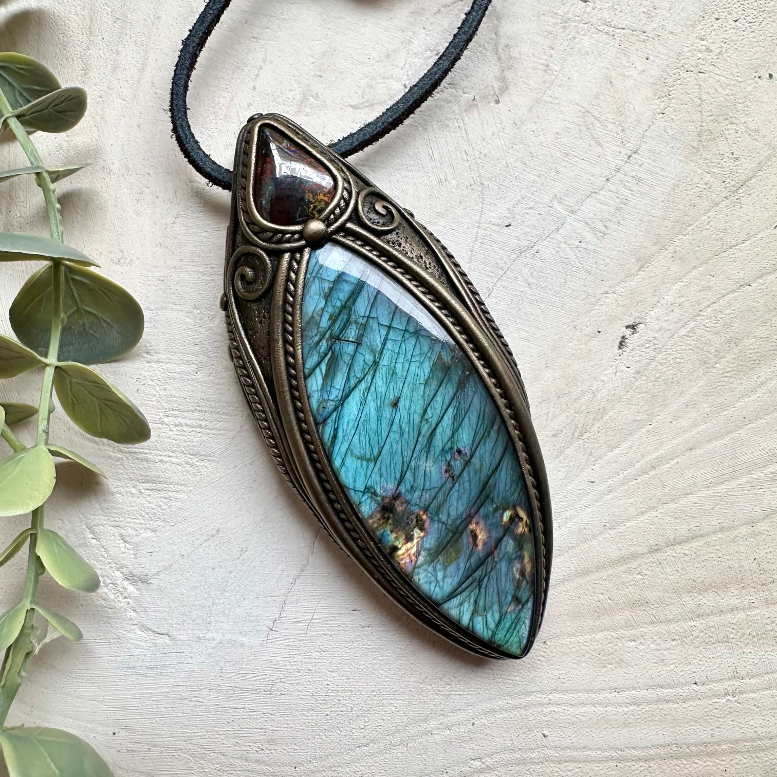 Statement gemstone pendant with labradorite and boulder opal
