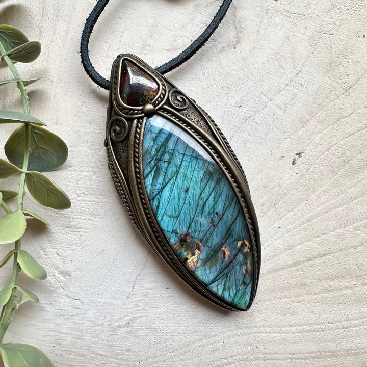 Statement gemstone pendant with labradorite and boulder opal