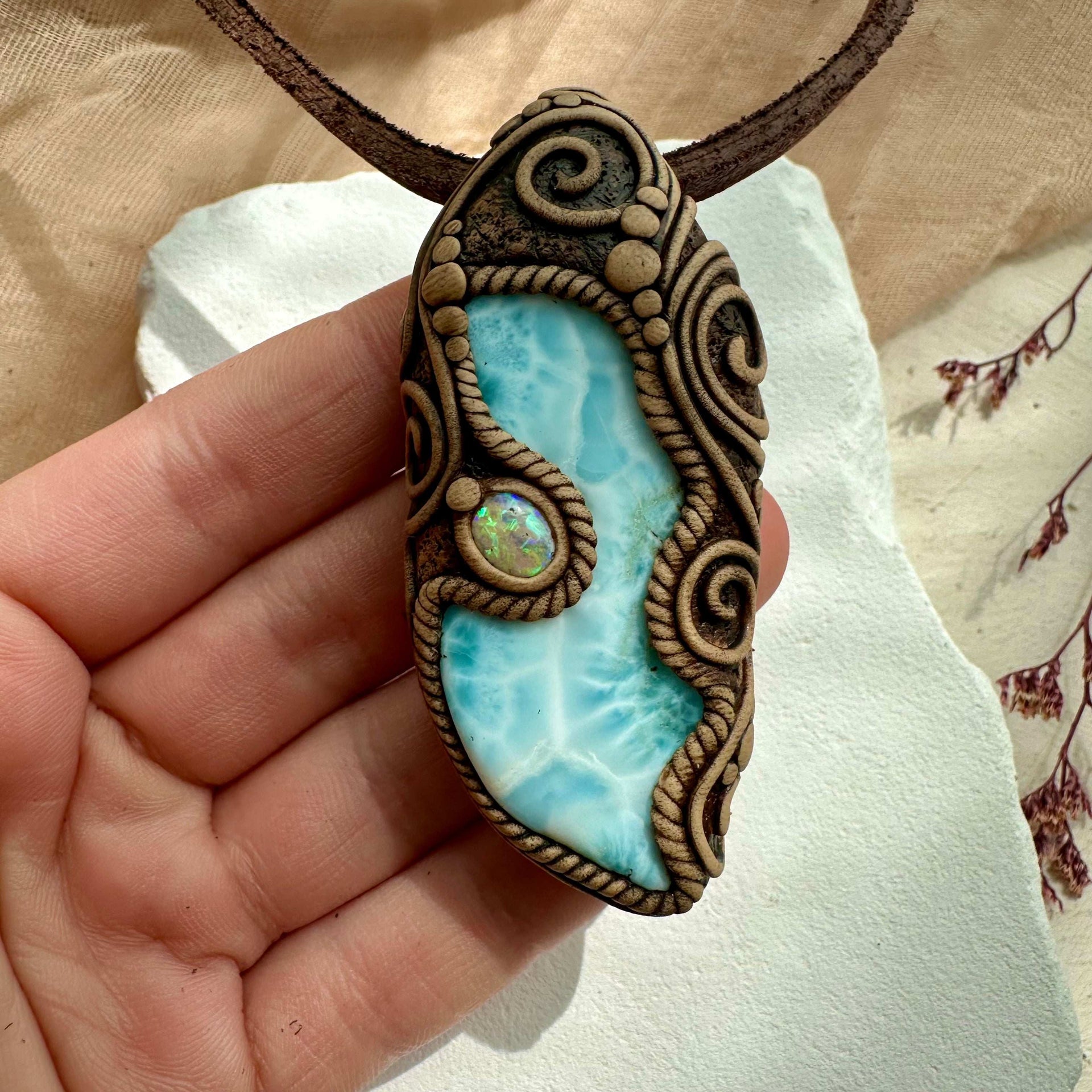 Large Larimar and Australian Opal Pendant Necklace - FairyGardenGlow