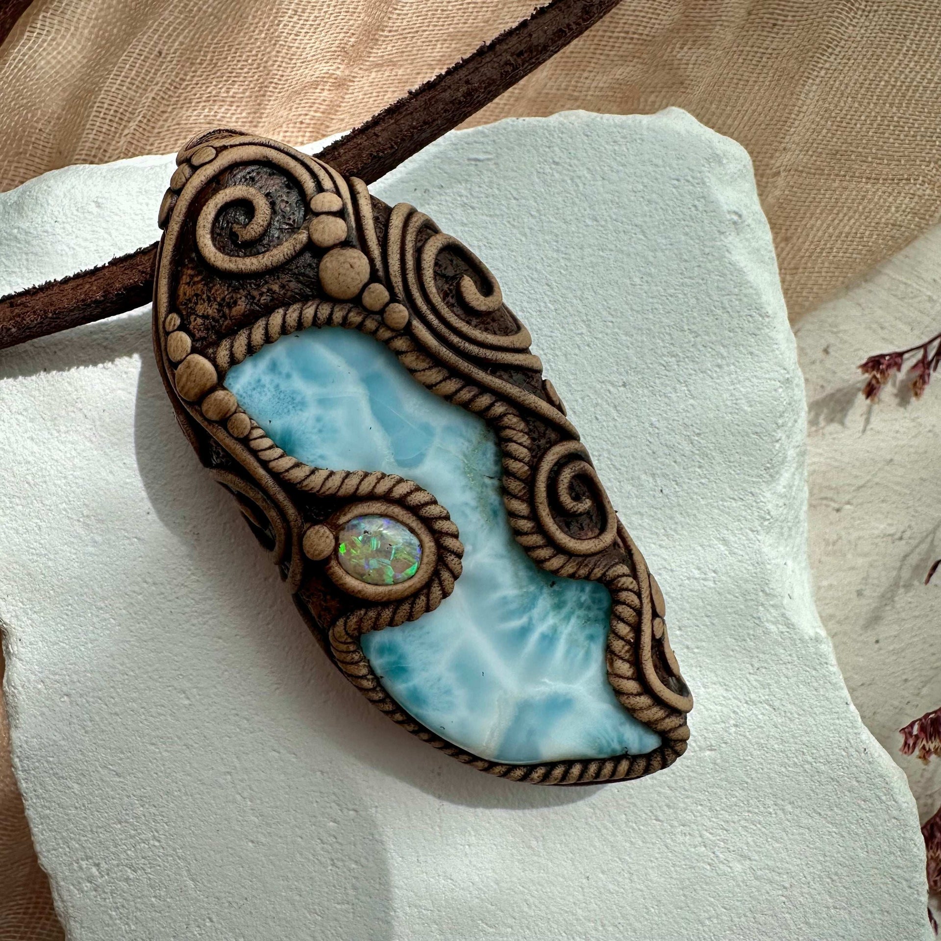 Large Larimar and Australian Opal Pendant Necklace - FairyGardenGlow