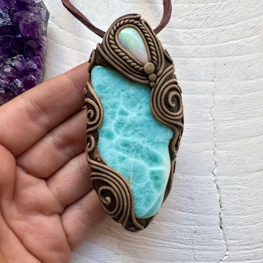 Large Larimar and Australian Opal Pendant Necklace, Healing Crystal Jewelry - FairyGardenGlow