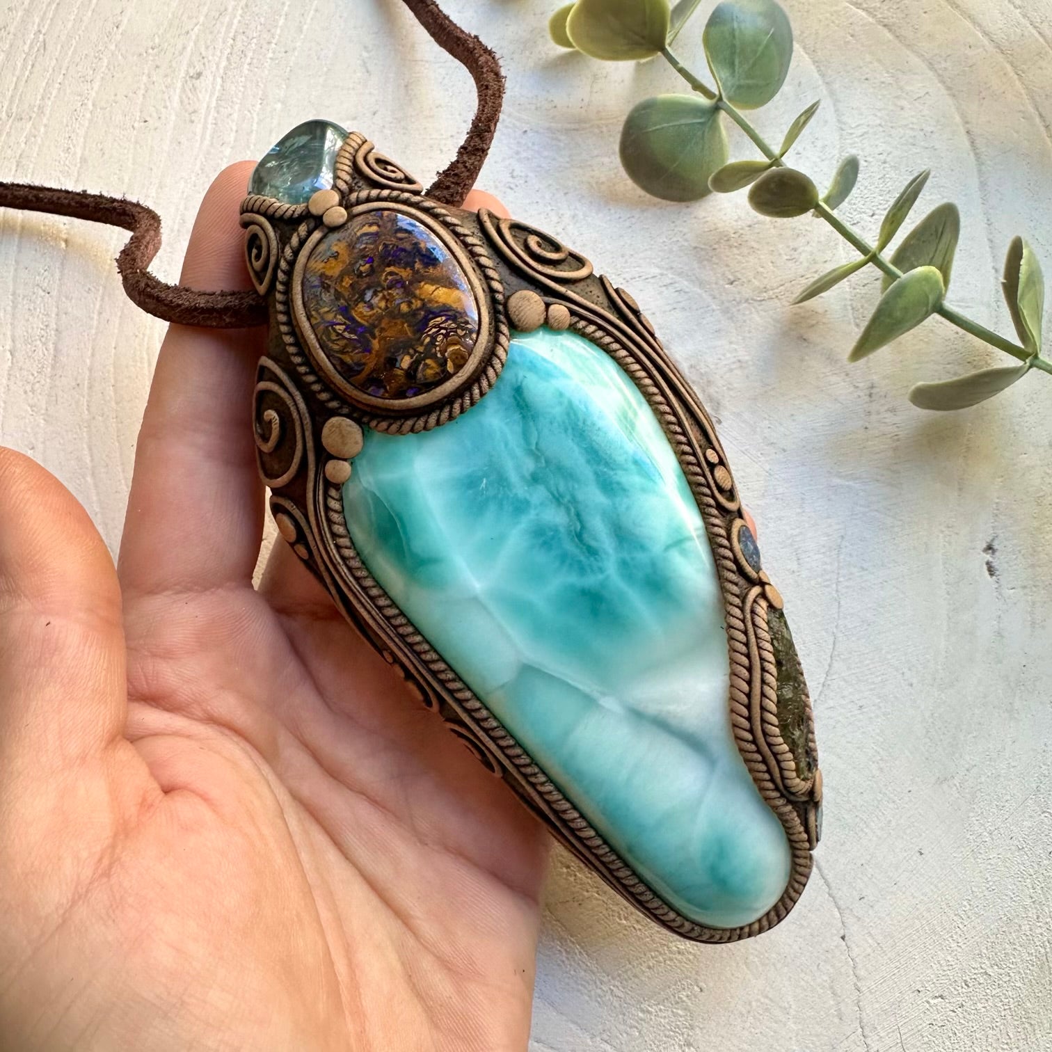 Large healing crystal talisman with Larimar, Boulder Opal, Aqua Aura Quartz and Moldavite