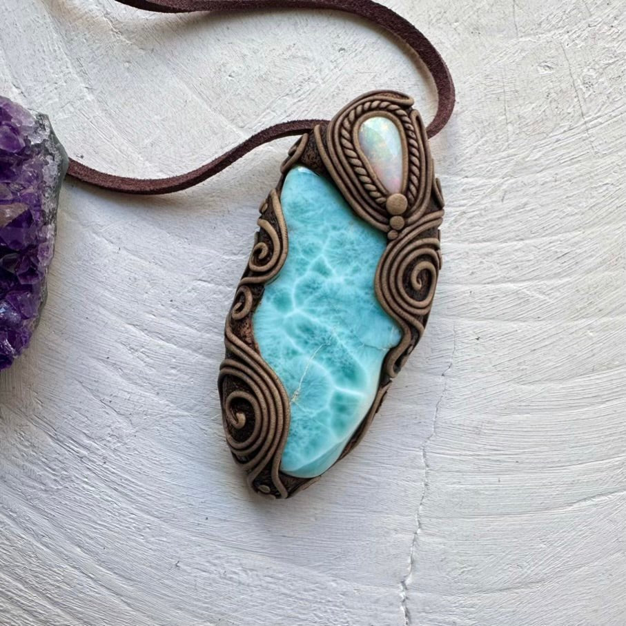 Large Larimar and Australian Opal Pendant Necklace, Healing Crystal Jewelry - FairyGardenGlow