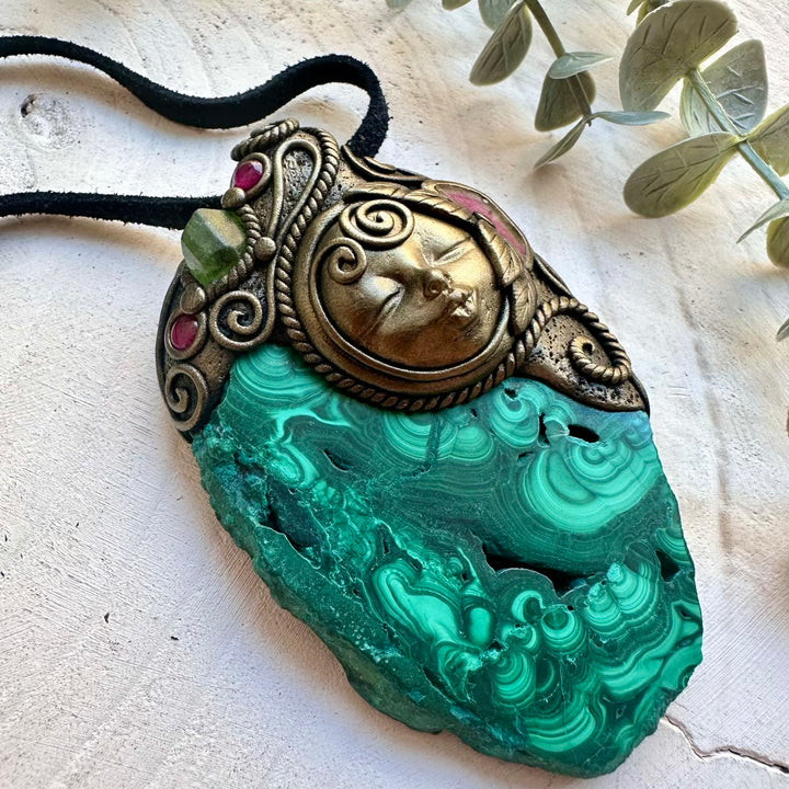 Large Malachite pendant necklace with Watermelon Tourmaline, Peridot and Rhodolite Garnet