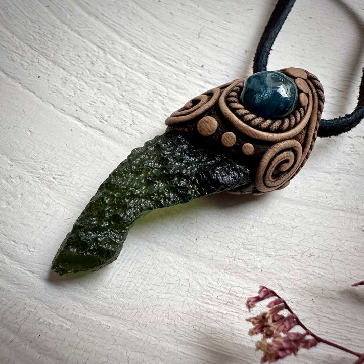 Large Moldavite and Blue Tourmaline Pendant Necklace - FairyGardenGlow