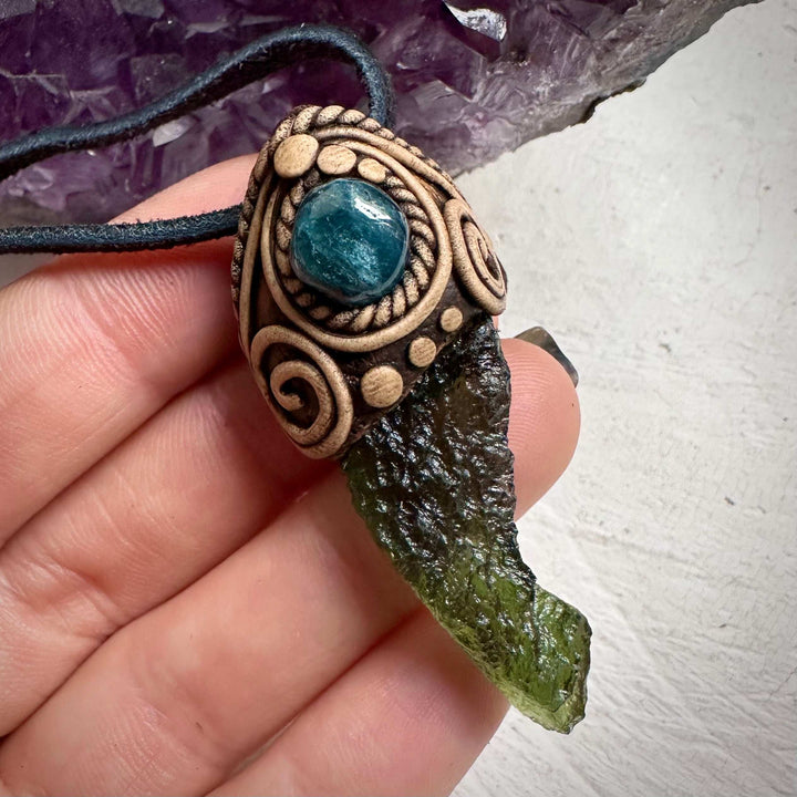 Large Moldavite and Blue Tourmaline Pendant Necklace - FairyGardenGlow