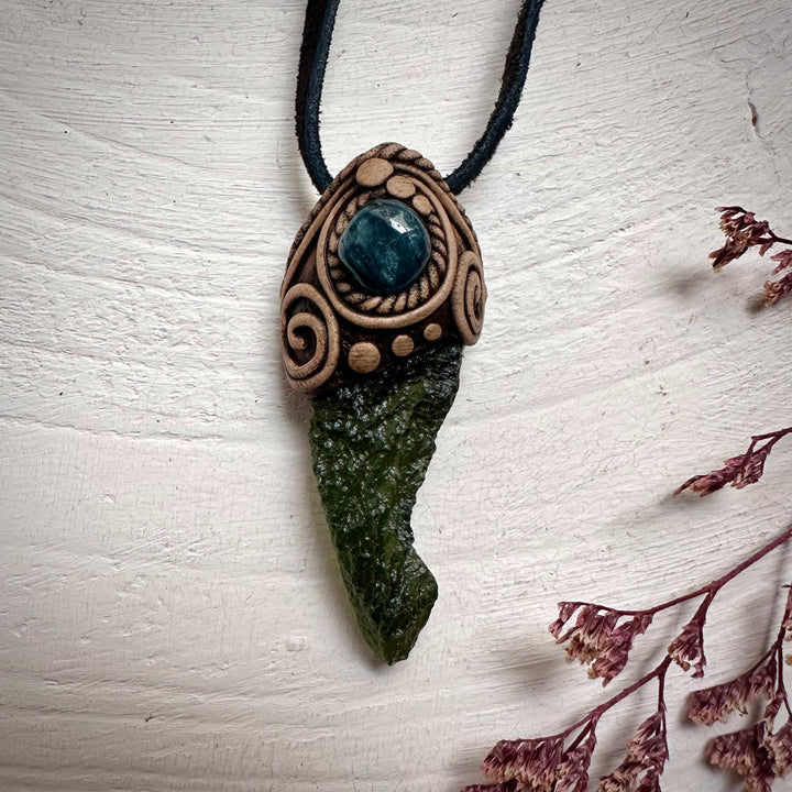 Large Moldavite and Blue Tourmaline Pendant Necklace - FairyGardenGlow