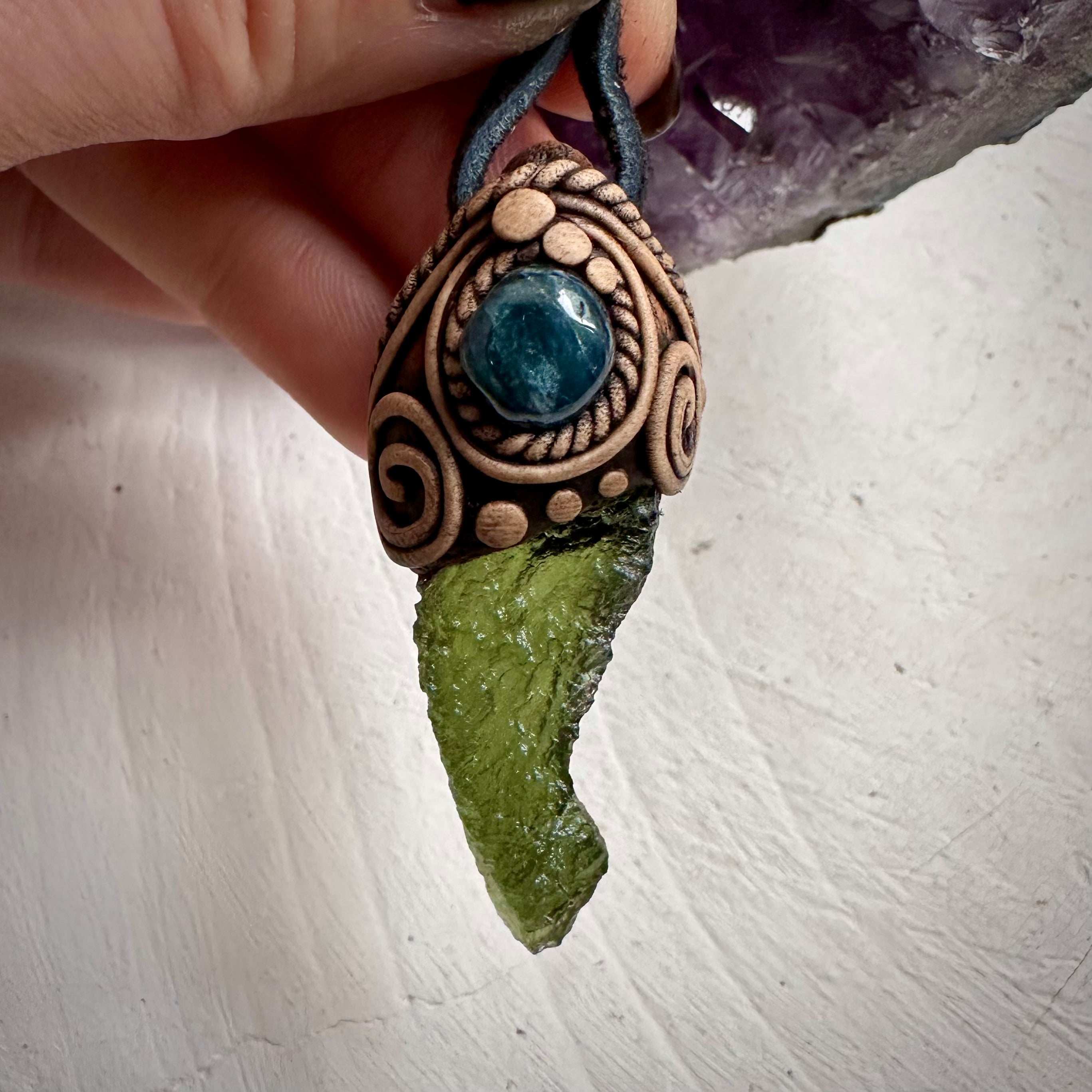 Large Moldavite and Blue Tourmaline Pendant Necklace - FairyGardenGlow