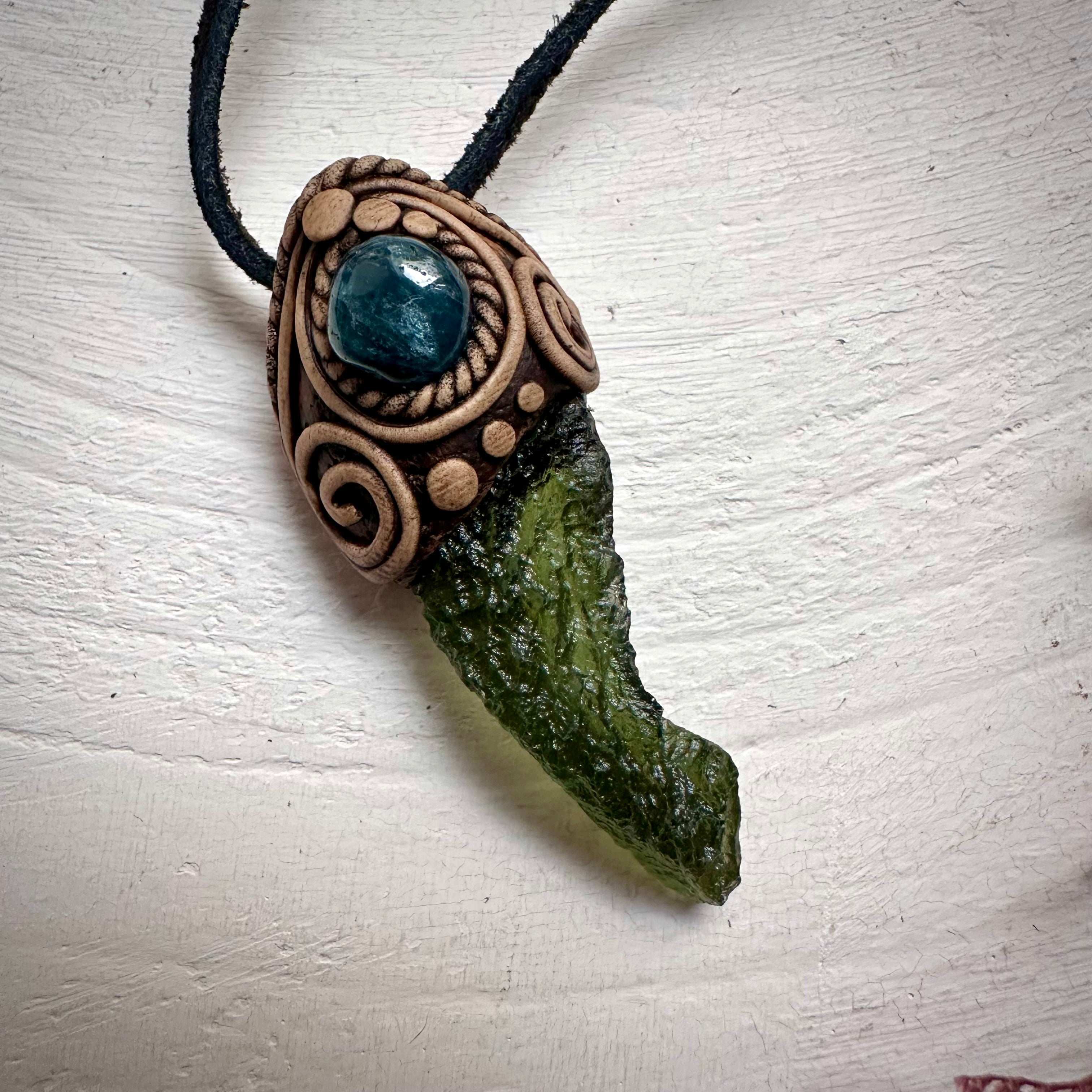 Large Moldavite and Blue Tourmaline Pendant Necklace - FairyGardenGlow