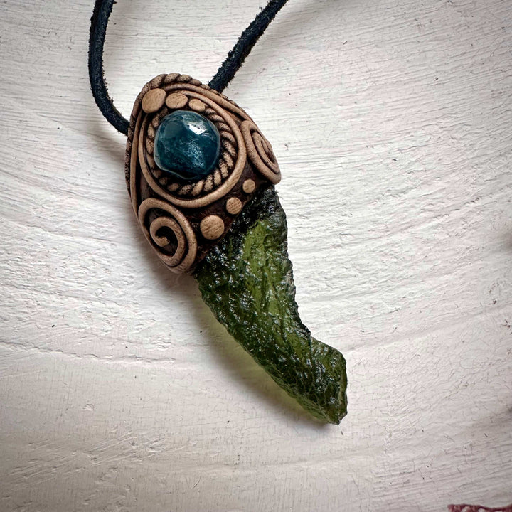 Large Moldavite and Blue Tourmaline Pendant Necklace - FairyGardenGlow