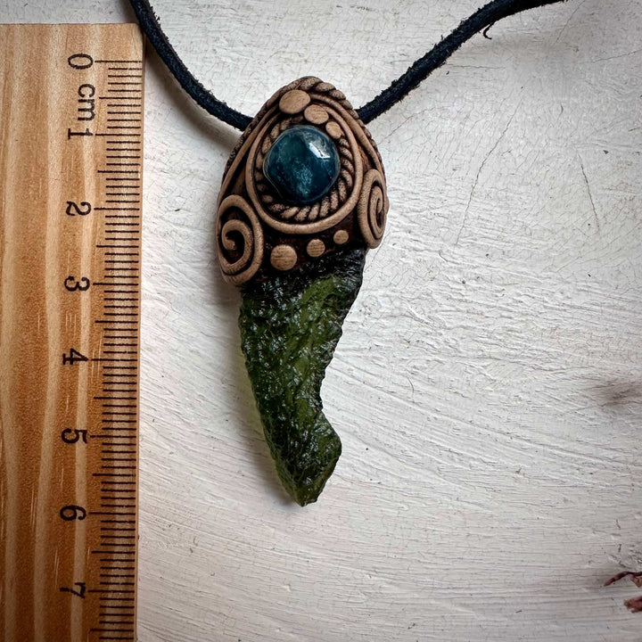 Large Moldavite and Blue Tourmaline Pendant Necklace - FairyGardenGlow