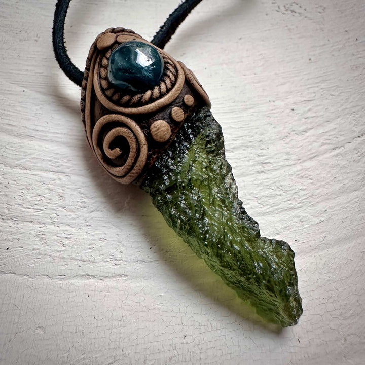 Large Moldavite and Blue Tourmaline Pendant Necklace - FairyGardenGlow