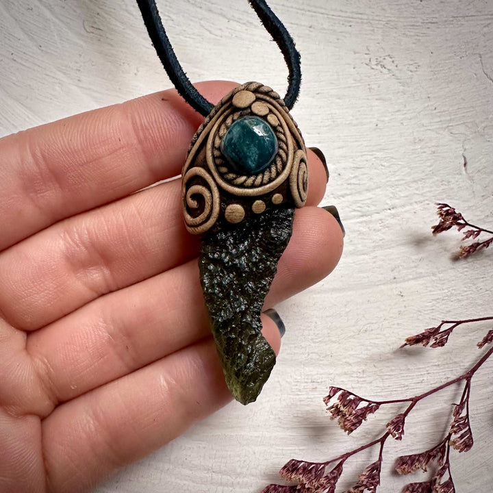 Large Moldavite and Blue Tourmaline Pendant Necklace - FairyGardenGlow