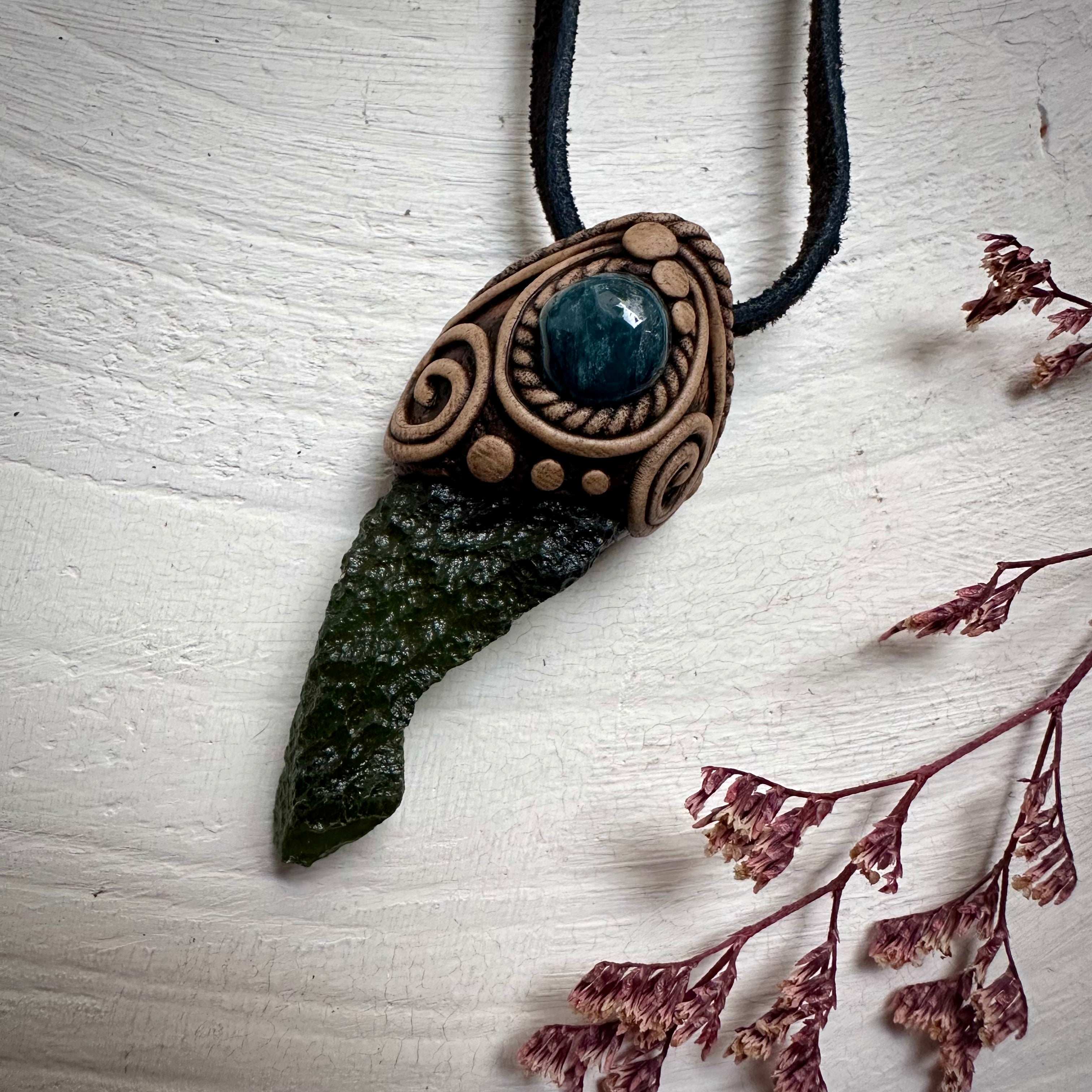 Large Moldavite and Blue Tourmaline Pendant Necklace - FairyGardenGlow