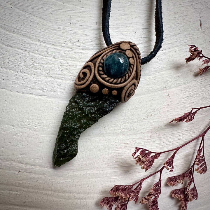 Large Moldavite and Blue Tourmaline Pendant Necklace - FairyGardenGlow