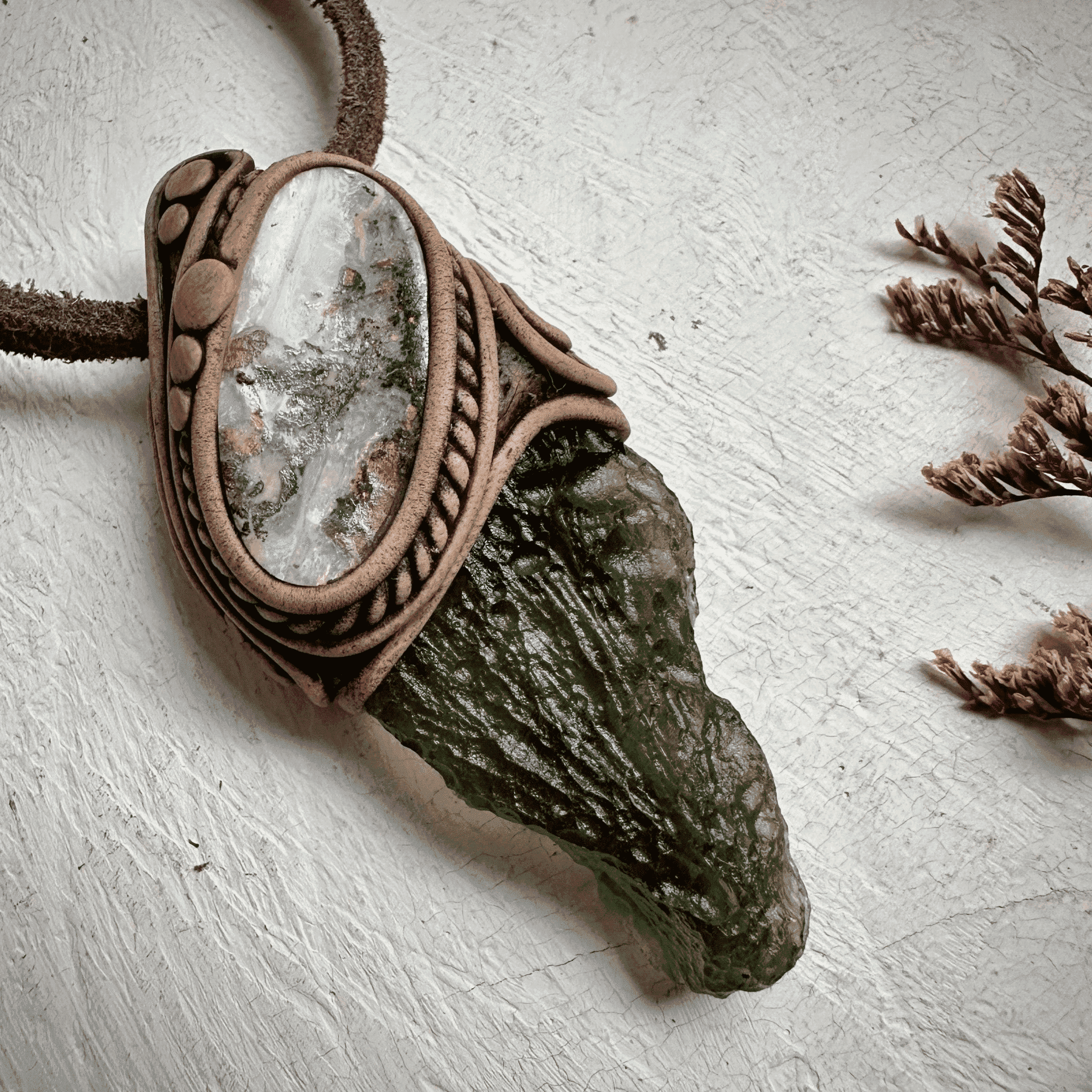 Large Moldavite and Boulder Opal Necklace - FairyGardenGlow