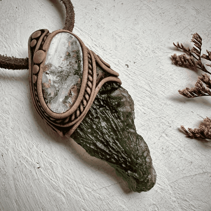 Large Moldavite and Boulder Opal Necklace - FairyGardenGlow