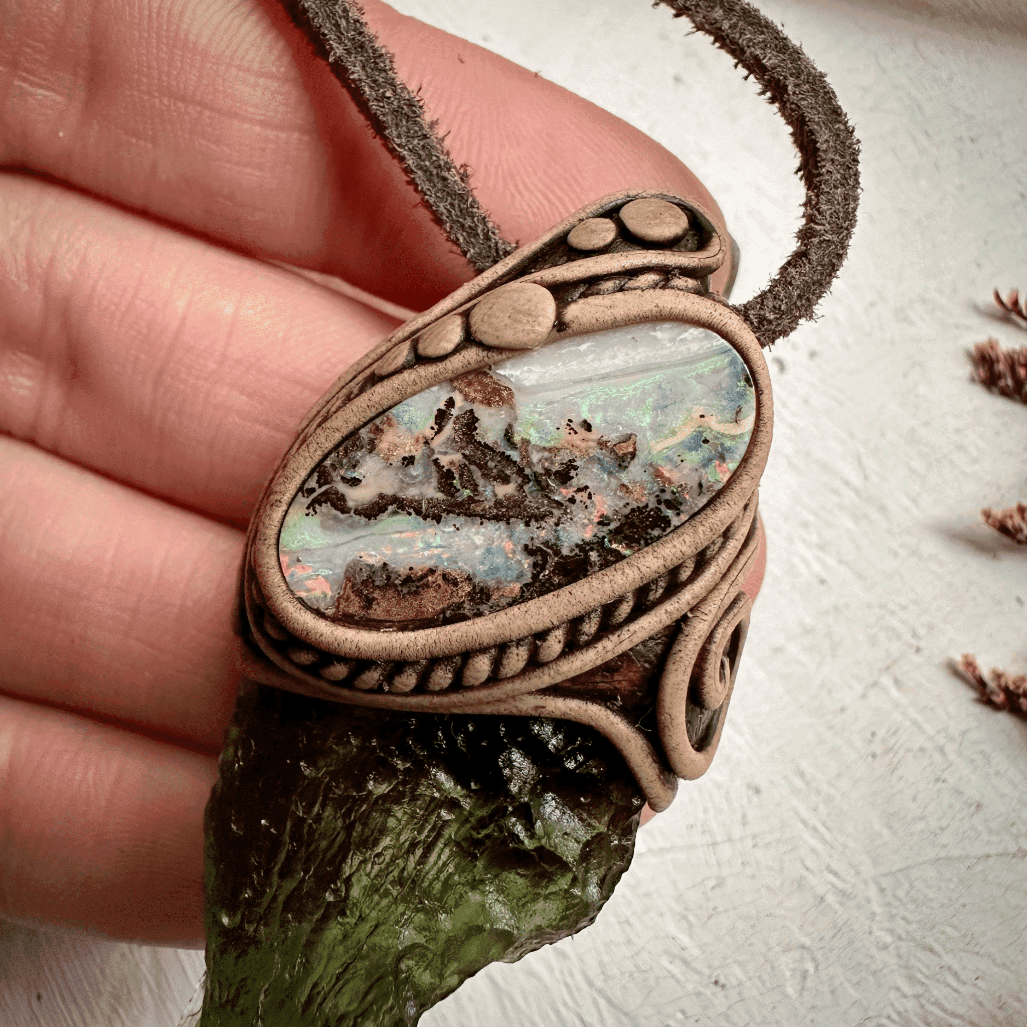 Large Moldavite and Boulder Opal Necklace - FairyGardenGlow