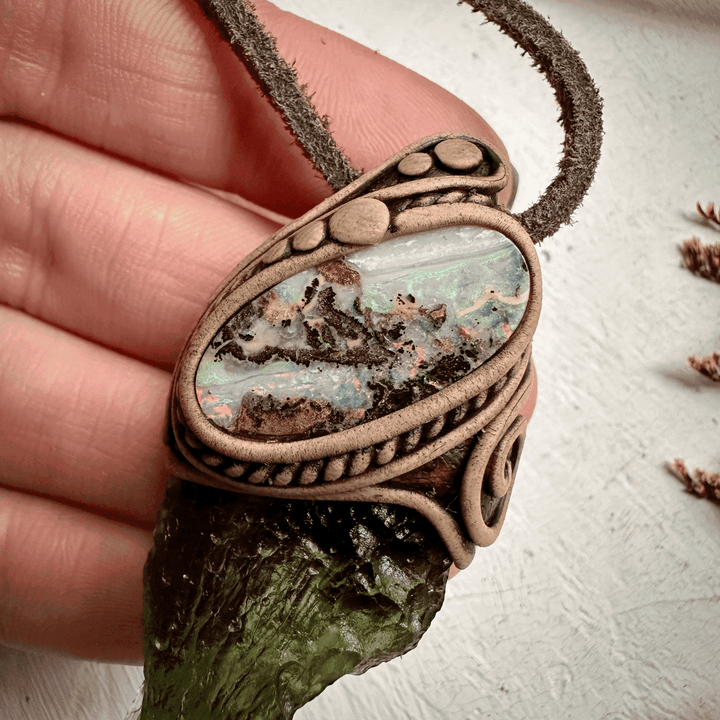Large Moldavite and Boulder Opal Necklace - FairyGardenGlow